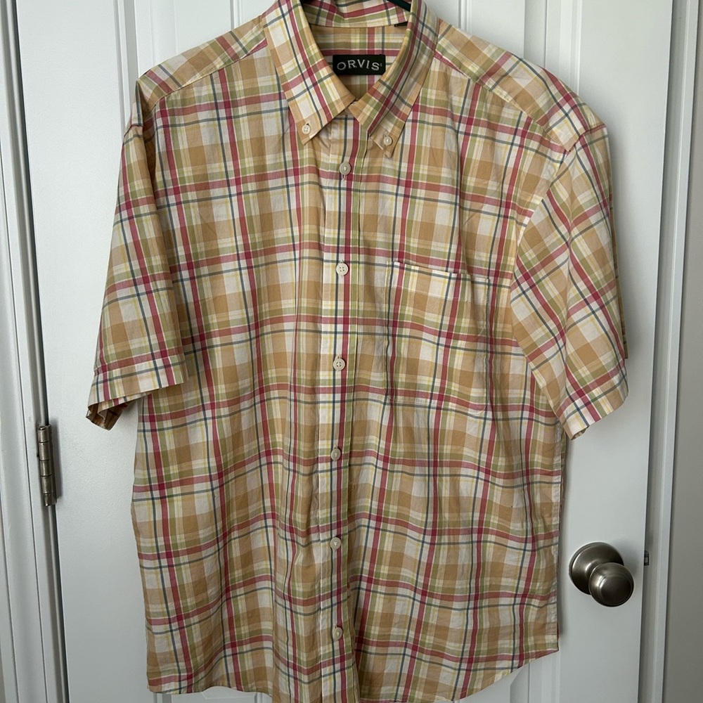 Orvis Men's Beige and Red Plaid Button Down Shirt, Large. Like New!